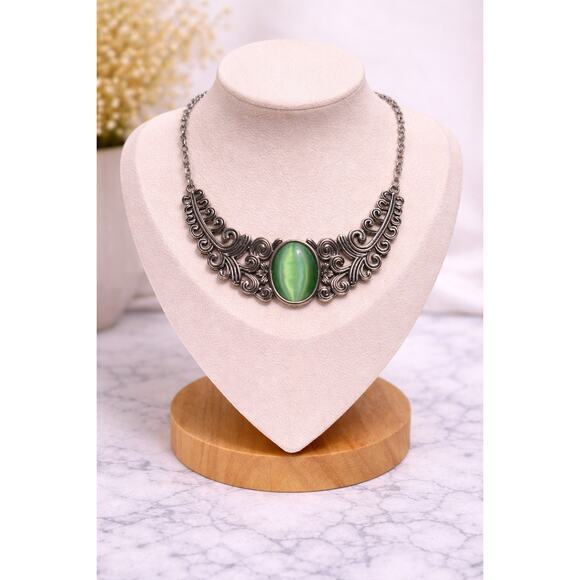 Unknown Jewelry - Metal Statement Necklace with Green Cat-Eye Color Stone